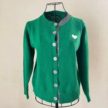 배색 하트 마크 니트 긴팔 가디건 그린