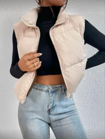 베이지 다운 베스트 지퍼 포함