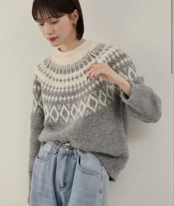 노르딕 무늬 긴팔 스웨터 그레이 아이보리