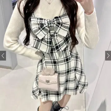 GRL 체크 무늬 트위드 빅 리본 미니 원피스 tw1243 화이트 L