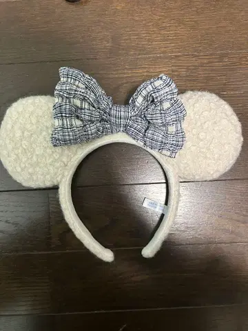 디즈니 머리띠 체크 리본 화이트 겨울