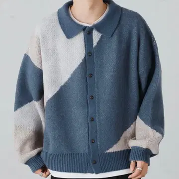 니트 가디건 카라 부착 L 파랑 x 베이지