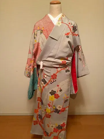 꽃무늬 코몬 기모노 그레이 빨간색 파랑 핑크