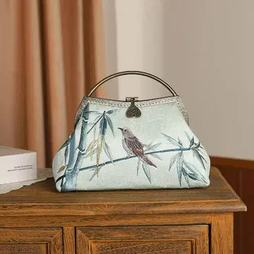 대나무와 새 자수 하늘색 일본 의류용 가방