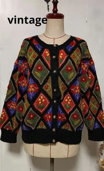 00svintage 입체 자수 편직 3d 꽃 패치워크 가디건 쇼와 레트로