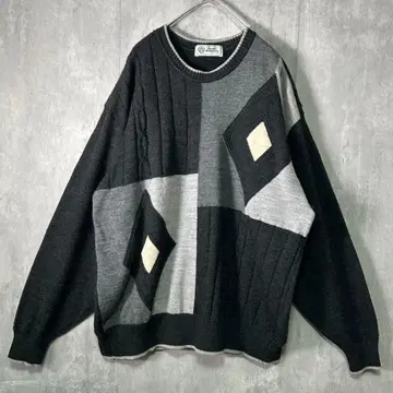 일본산 빈티지 니트 다이아 아가일 그레이 XL 울