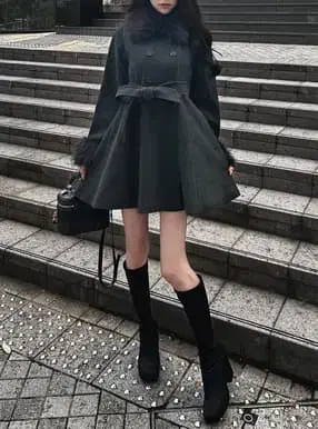 퍼 티펫 리본 벨트 플레어 코트[ze911]