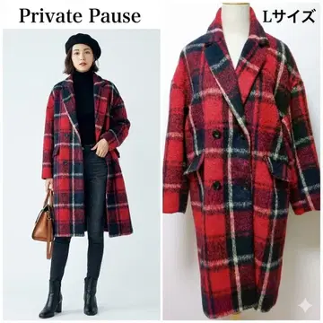 Private Pause 체크 무늬 롱 코트 L 사이즈 샤기 부클레
