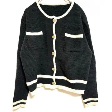 노카라 니트 가디건 바이컬러 골드 버튼 세련된 캐주얼 F