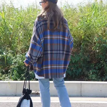 시마무라 nozomi님 기모 체크 셔츠 블루