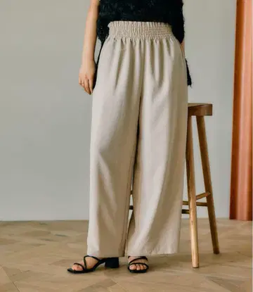 렙심 린넨 라이크 드라이 개더 와이드 스트레이트 팬츠 베이지