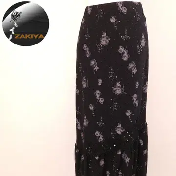 빈티지 롱 스커트 올 패턴 꽃무늬 라메 믹스 자수 비대칭 블랙