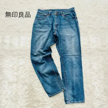 무인양품 스트레이트 데님 남성용 청바지 데미지 가공 블루 면 혼방