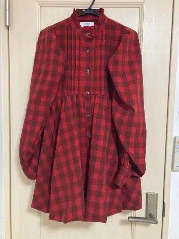 jouetie 빨간색 체크 긴팔 프릴 옷깃