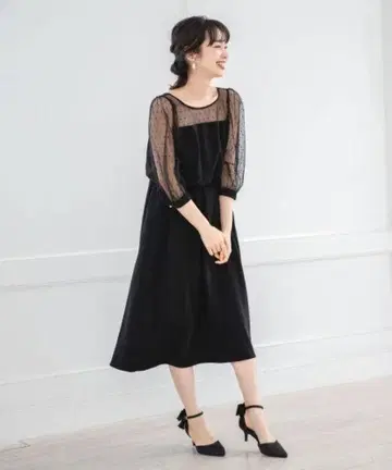 도트 튤 소매 롱 드레스 원피스