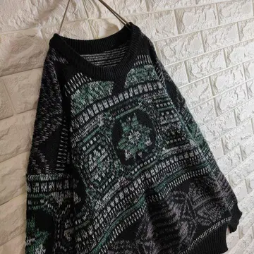 [ 기하학 패턴 올 패턴 ] 니트 스웨터 블랙 그린 L