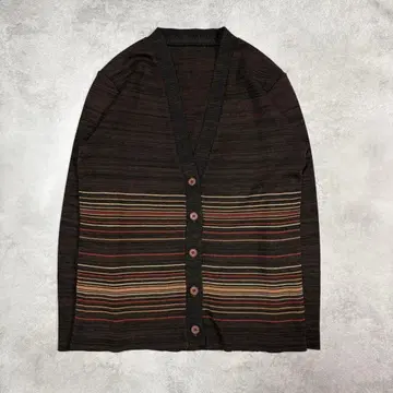 멀티 보더 니트 가디건 레트로 배색 내추럴 다크 브라운