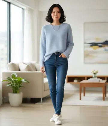 일본제 드로어 Drawer 캐시미어 퍼 크루넥 니트 1 S 스카이블루