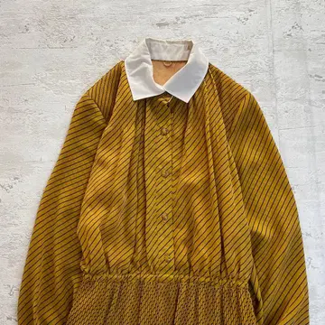 쇼와 레트로 절개 옷깃 스트라이프 긴팔 롱 원피스 머스타드 11호