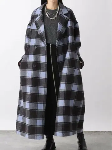 새상품급 지나시스 체스터 코트 울 롱 리버 체크 올 패턴 벨트