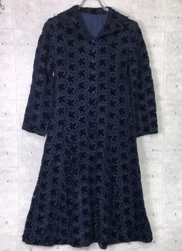 쇼와 레트로 구제 의류 벨벳 꽃무늬 크로 셰 뜨개질 니트 레이스 원피스