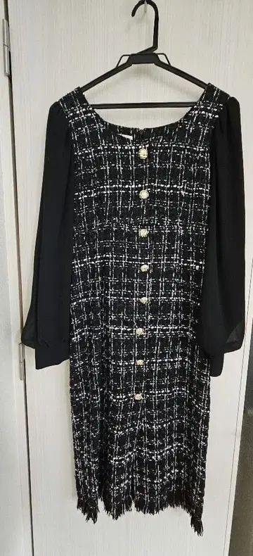 로얄 파티 트위드 체크 무늬 원피스 긴팔