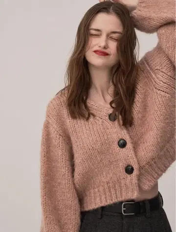 PINUE 샤기 MIX 니트 가디건 핑크