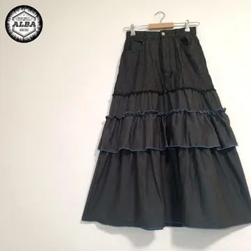 [ 새상품급 ] 플레어 스커트 데님 프릴 걸리시 롱 기장 블랙 블랙 M