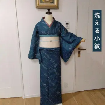 워셔블 기모노 크레이프 원단 코몬 이중 기모노 블루 그레이