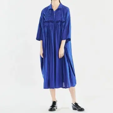 [ mizuiro ind ] 핀턱 플레어 원피스 블루 코튼 옷깃 포함