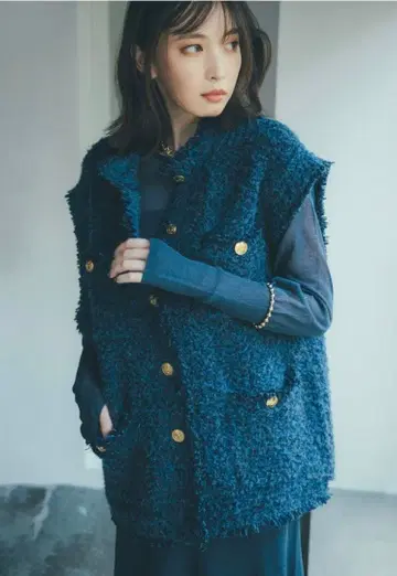 코코딜 트위드 롱 니트 베스트 네이비