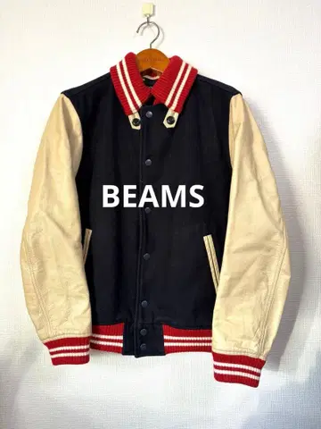 BEAMS 빔즈 소매 가죽 바시티 자켓 M 네이비
