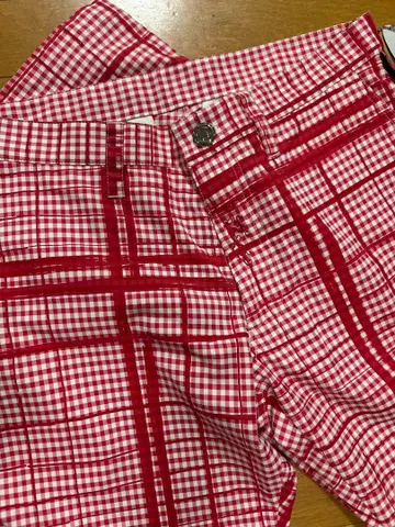 데오도란트 플레이트 레드 화이트 체크 스트레이트 팬츠