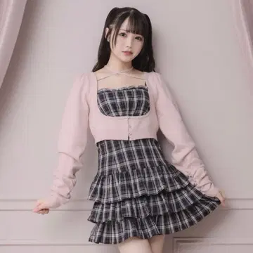 pium 비쥬 가디건 체크 원피스 세트