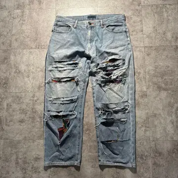 리메이크 구제 의류 와이드 데님 팬츠 라이트 블루 그런지 Y2K 빈티지