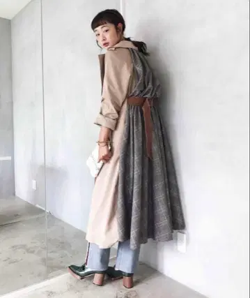 ameri vintage 벌룬 체크 개더 트렌치