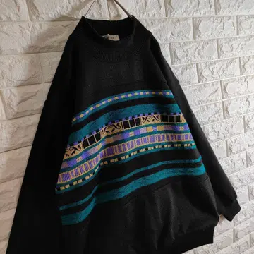 모크넥 디자인 니트 자카드 네이티브 무늬 보더 L 블랙