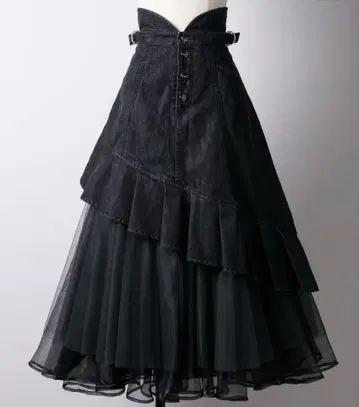 라벨에튀드 턱 프릴 볼륨 튤 데님 스커트 블랙