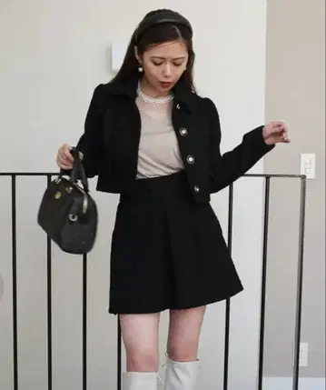 ROYAL PARTY 트위드 자켓 옷깃 없음 블랙