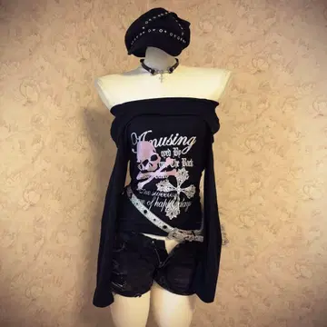 헤이세이 갸루 00s 스컬 프린트 오프숄더 티셔츠 펑크