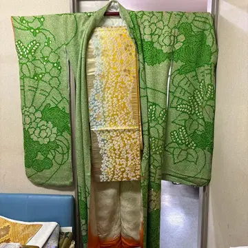 그린 컬러 후리소데 총 시보리 그린 오비 골드