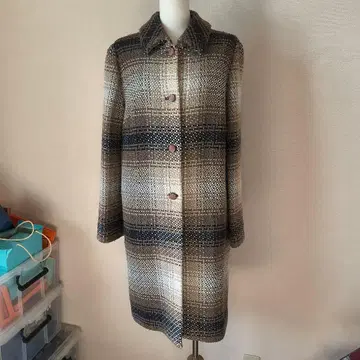 시빌라 울 혼방 체크 무늬 롱 코트 L 트위드