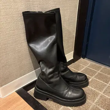 헤더 heather 블랙 롱 부츠 통굽 블랙 M 스트레치