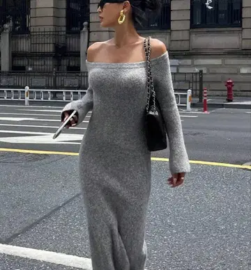 그레이 오프숄더 니트 원피스