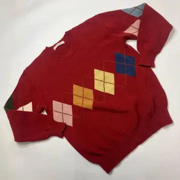 원더풀 월드 빨간색 아가일 니트 면 니트