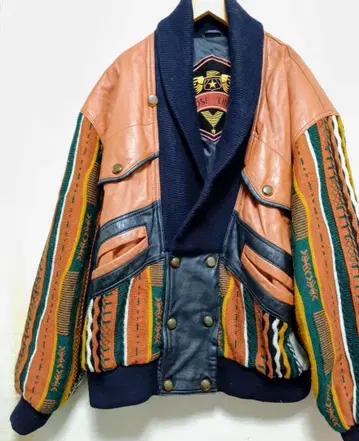 90s 00s 천연 가죽 가죽 3D 니트 더블 봄버 자켓 패턴 50 L