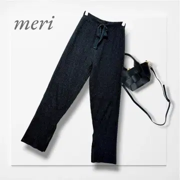 미리 리브 니트 팬츠 블랙 슬릿 릴랙스 롱 레그 효과 성인 여성