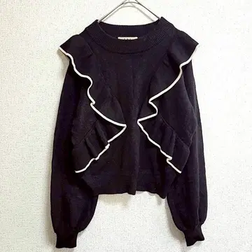 이임스 니트 스웨터 블랙 F 상의 프릴 크루넥 숏 기장