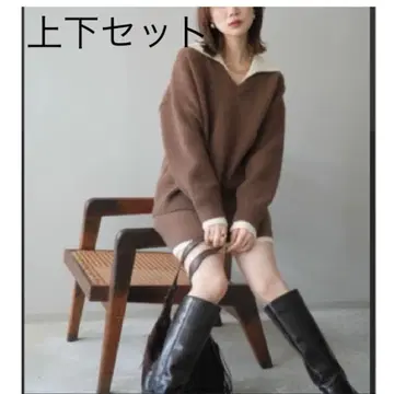 배색 옷깃 니트 & 미니 스커트 SET UP 브라운 lumier 뤼미에