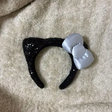 검은 고양이 귀 머리띠 실버 리본